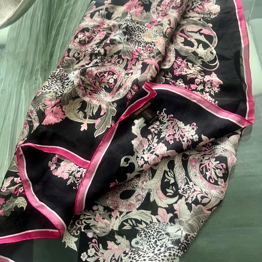 Roberto Cavalli Silk Scarf/Wrap Animal & Flowers Print Gem